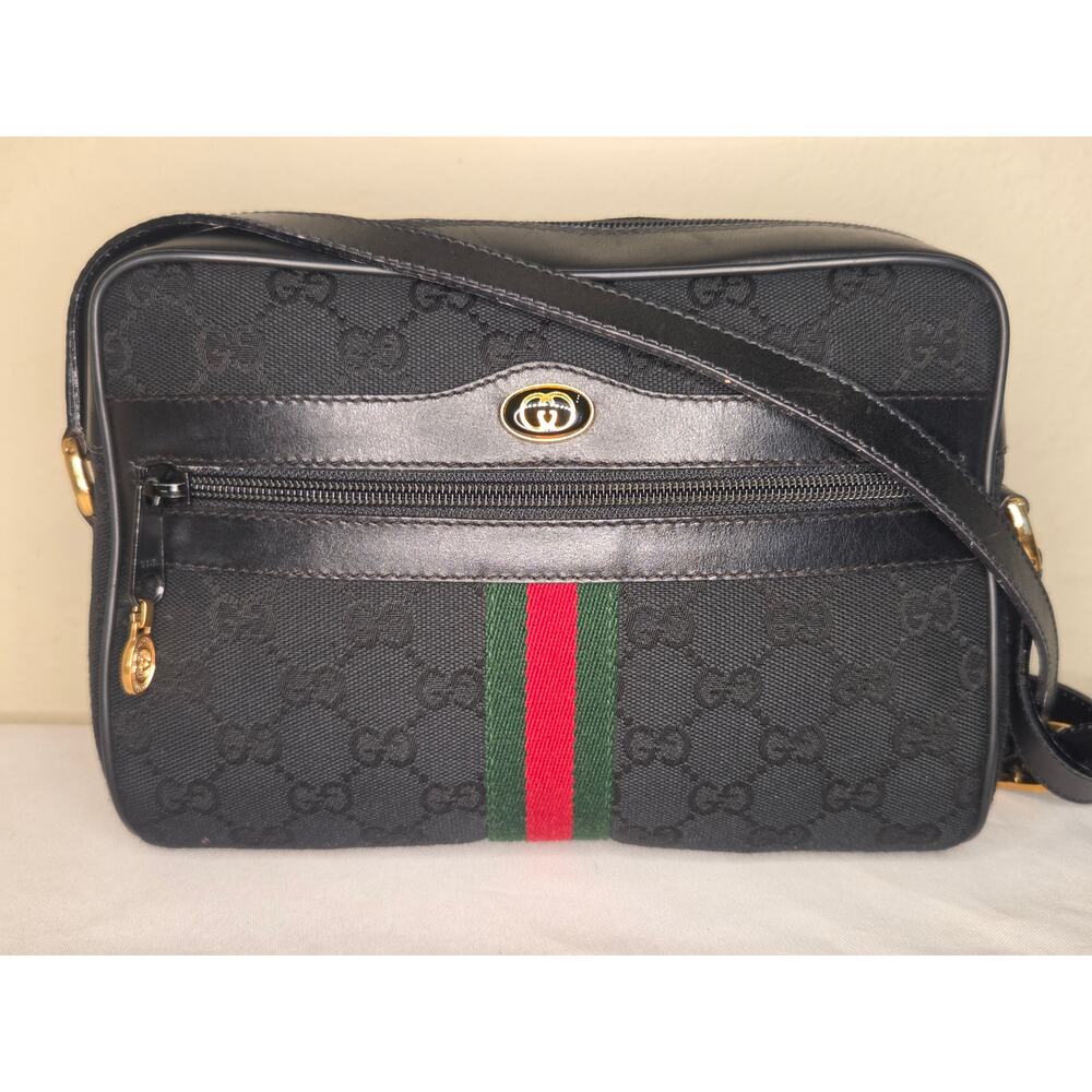 Gucci Black GG Canvas Web Stripe Crossbody Bag Vintage Ophidia Sherry Line